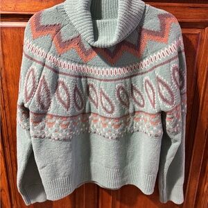 Cato Turquoise and Peach Patterned Cowl Neck Sweater